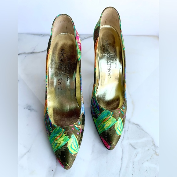 CHARLES JOURDAN PARIS FRANCE 1990s VINTAGE SILK FLORAL HIGH HEELS STUNNING - Picture 5 of 9
